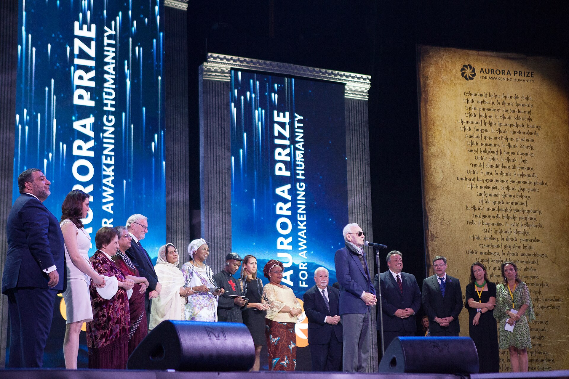 Aznavour receiving the Aurora Prize for Awakening Humanity in Yerevan, 2016
